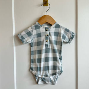 Kate Quinn Organic Cotton Teal Gingham Henley Bodysuit - 3-6 mo